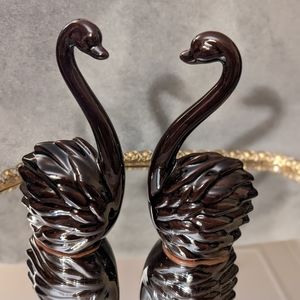 Vintage Pair of Brown Swans Handmade Red Clay Unsigned